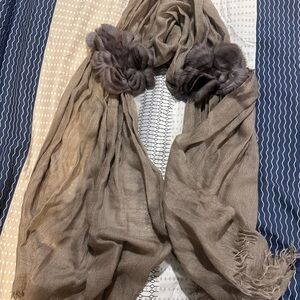 Fendi Taupe Scarf with Fur flower accents